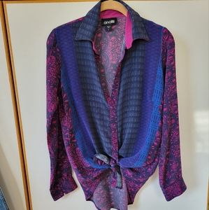 Analili Silk Tie Vneck Henley Pattern S